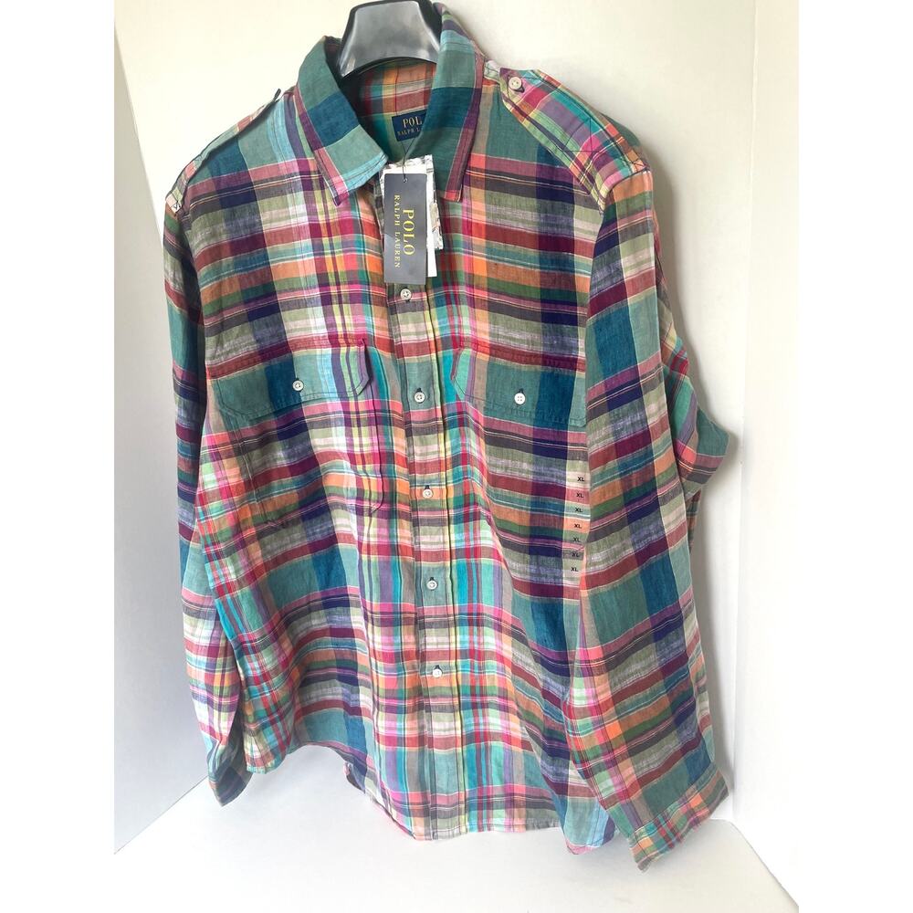 Polo Ralph Lauren Womens Blue Plaid Linen Button-Up Shirt Long Sleeve XL - Picture 5 of 10